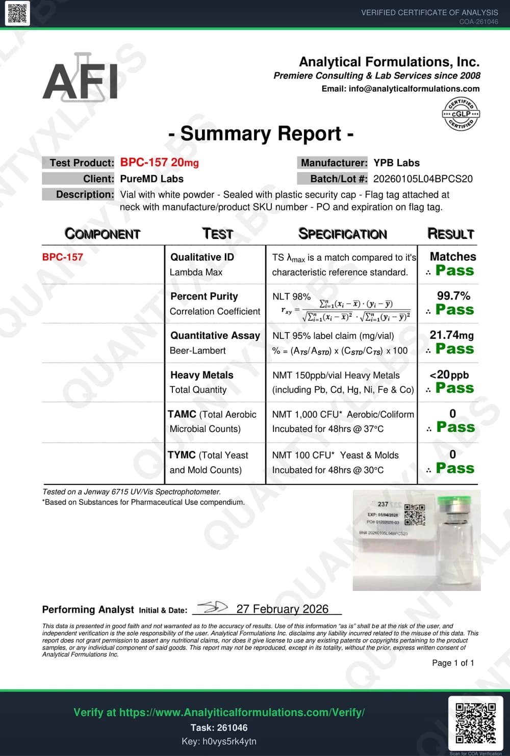 Analytical Formulations Inc. certificate of analysis summary report